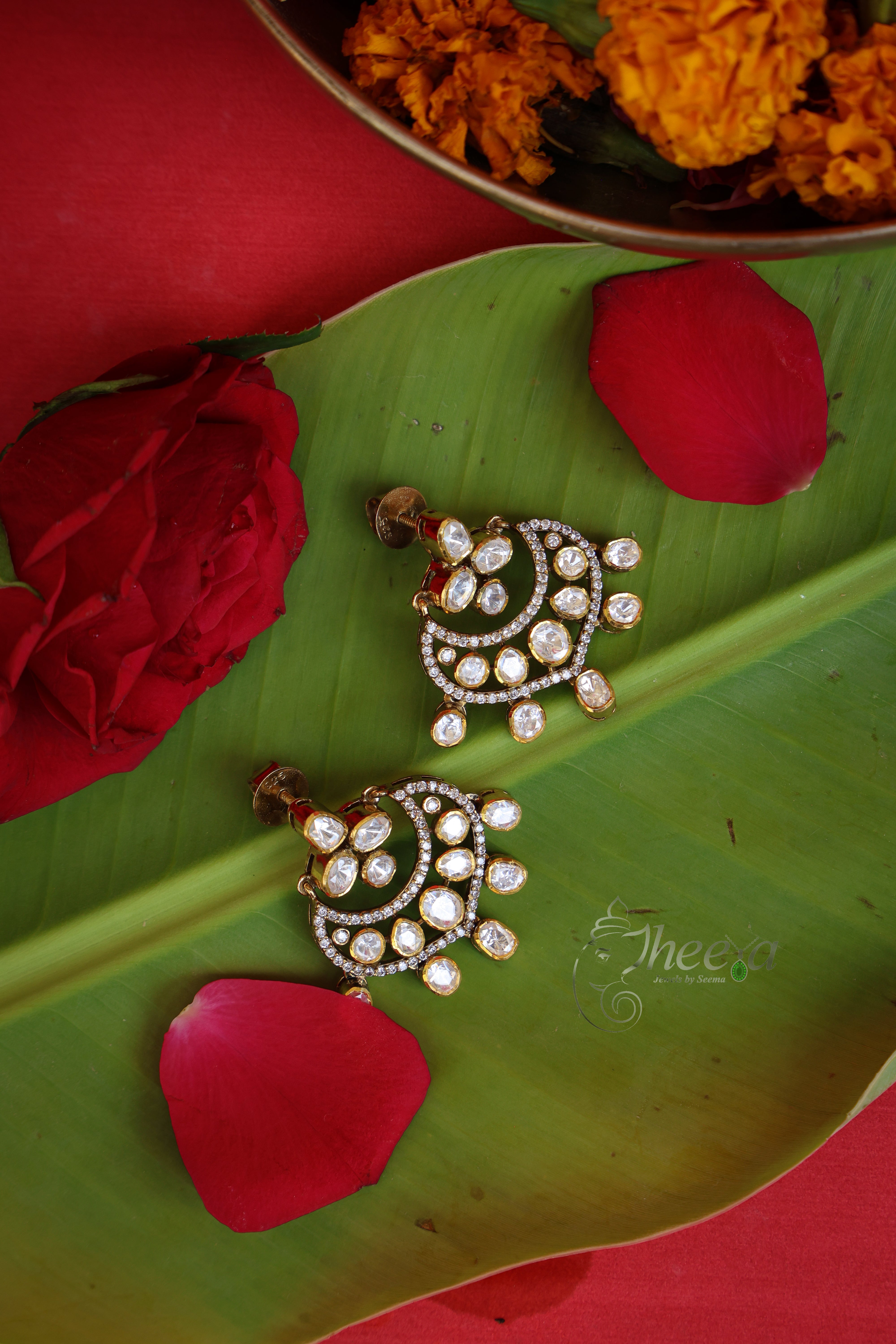 Surmai Studs Moissanite With Drops in Pure Silver, front view.